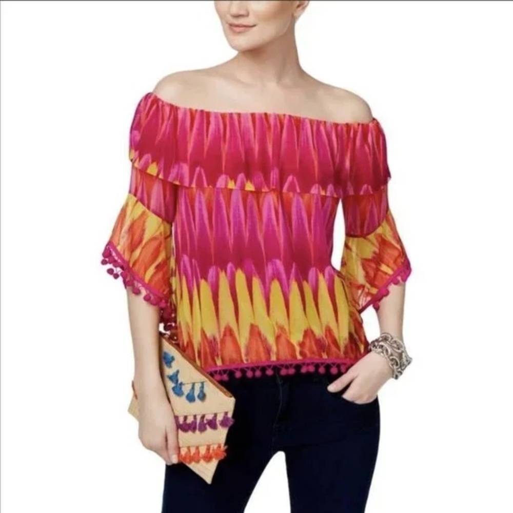 INC International Concept Top Off Shoulder Pom Pom Fringe Popsicle Collection M